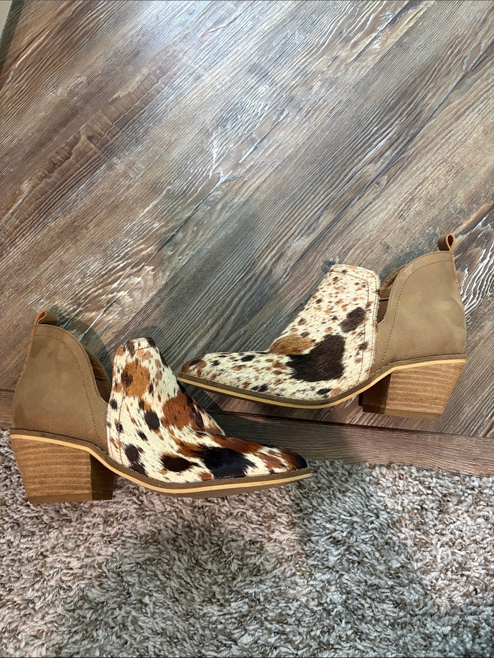 Cowhide Pointed Toe Ankle Booties in Brown - Women Shoes